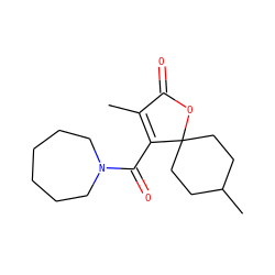 CC1=C(C(=O)N2CCCCCC2)C2(CCC(C)CC2)OC1=O ZINC000004034996