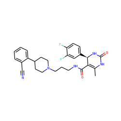 CC1=C(C(=O)NCCCN2CCC(c3ccccc3C#N)CC2)[C@@H](c2ccc(F)c(F)c2)NC(=O)N1 ZINC000013809163