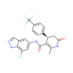 CC1=C(C(=O)Nc2cc(Cl)c3[nH]ncc3c2)[C@@H](c2ccc(C(F)(F)F)cc2)CC(=O)N1 ZINC000014954396