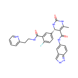 CC1=C(C(=O)Nc2ccc3n[nH]cc3c2)[C@H](c2ccc(F)c(C(=O)NCCc3ccccn3)c2)NC(=O)N1 ZINC000653829456