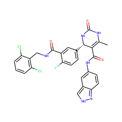 CC1=C(C(=O)Nc2ccc3n[nH]cc3c2)[C@H](c2ccc(F)c(C(=O)NCc3c(Cl)cccc3Cl)c2)NC(=O)N1 ZINC000653830171