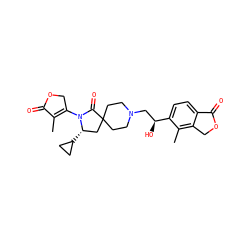 CC1=C(N2C(=O)C3(CCN(C[C@H](O)c4ccc5c(c4C)COC5=O)CC3)C[C@@H]2C2CC2)COC1=O ZINC000206825377