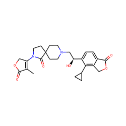 CC1=C(N2CCC3(CCN(C[C@H](O)c4ccc5c(c4C4CC4)COC5=O)CC3)C2=O)COC1=O ZINC000206836430