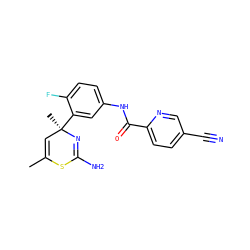 CC1=C[C@@](C)(c2cc(NC(=O)c3ccc(C#N)cn3)ccc2F)N=C(N)S1 ZINC000147105576