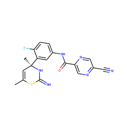 CC1=C[C@@](C)(c2cc(NC(=O)c3cnc(C#N)cn3)ccc2F)NC(=N)S1 ZINC001772640409