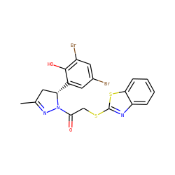 CC1=NN(C(=O)CSc2nc3ccccc3s2)[C@@H](c2cc(Br)cc(Br)c2O)C1 ZINC000103267761