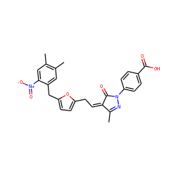 CC1=NN(c2ccc(C(=O)O)cc2)C(=O)/C1=C\Cc1ccc(Cc2cc(C)c(C)cc2[N+](=O)[O-])o1 ZINC000299855082
