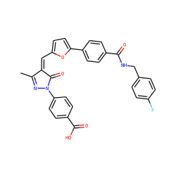 CC1=NN(c2ccc(C(=O)O)cc2)C(=O)/C1=C\c1ccc(-c2ccc(C(=O)NCc3ccc(F)cc3)cc2)o1 ZINC001772652279