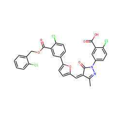 CC1=NN(c2ccc(Cl)c(C(=O)O)c2)C(=O)/C1=C\c1ccc(-c2ccc(Cl)c(C(=O)OCc3ccccc3Cl)c2)o1 ZINC000113860027