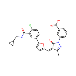 CC1=NN(c2cccc(C(=O)O)c2)C(=O)/C1=C\c1ccc(-c2ccc(Cl)c(C(=O)NCC3CC3)c2)o1 ZINC001772630757