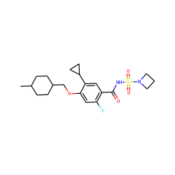 CC1CCC(COc2cc(F)c(C(=O)NS(=O)(=O)N3CCC3)cc2C2CC2)CC1 ZINC000216246814