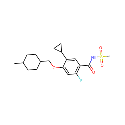 CC1CCC(COc2cc(F)c(C(=O)NS(C)(=O)=O)cc2C2CC2)CC1 ZINC000261143440