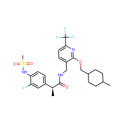 CC1CCC(COc2nc(C(F)(F)F)ccc2CNC(=O)[C@@H](C)c2ccc(NS(C)(=O)=O)c(F)c2)CC1 ZINC000096270919