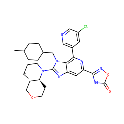 CC1CCC(Cn2c(N3CCC[C@H]4COCC[C@@H]43)nc3cc(-c4noc(=O)[nH]4)nc(-c4cncc(Cl)c4)c32)CC1 ZINC000209607097