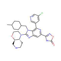 CC1CCC(Cn2c(N3CCO[C@@H]4CNCC[C@H]43)nc3cc(-c4noc(=O)[nH]4)nc(-c4cncc(Cl)c4)c32)CC1 ZINC000209642454