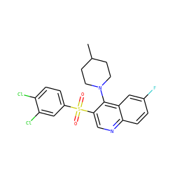 CC1CCN(c2c(S(=O)(=O)c3ccc(Cl)c(Cl)c3)cnc3ccc(F)cc23)CC1 ZINC000137667166