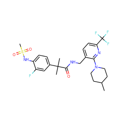 CC1CCN(c2nc(C(F)(F)F)ccc2CNC(=O)C(C)(C)c2ccc(NS(C)(=O)=O)c(F)c2)CC1 ZINC000138722203