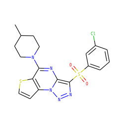 CC1CCN(c2nc3c(S(=O)(=O)c4cccc(Cl)c4)nnn3c3ccsc23)CC1 ZINC000008589271