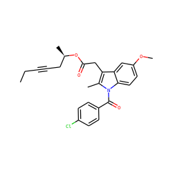 CCC#CC[C@@H](C)OC(=O)Cc1c(C)n(C(=O)c2ccc(Cl)cc2)c2ccc(OC)cc12 ZINC000026726610