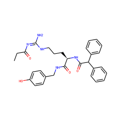 CCC(=O)/N=C(/N)NCCC[C@@H](NC(=O)C(c1ccccc1)c1ccccc1)C(=O)NCc1ccc(O)cc1 ZINC000040892577