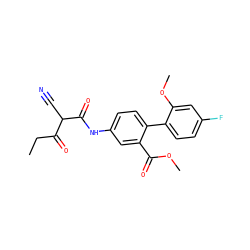 CCC(=O)C(C#N)C(=O)Nc1ccc(-c2ccc(F)cc2OC)c(C(=O)OC)c1 ZINC000101459841