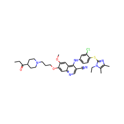 CCC(=O)C1CCN(CCCOc2cc3ncc(C#N)c(Nc4ccc(Sc5nc(C)c(C)n5CC)c(Cl)c4)c3cc2OC)CC1 ZINC000049898412