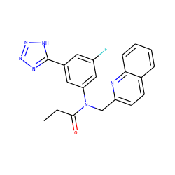 CCC(=O)N(Cc1ccc2ccccc2n1)c1cc(F)cc(-c2nnn[nH]2)c1 ZINC000084710802