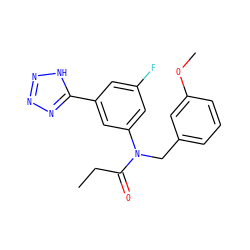 CCC(=O)N(Cc1cccc(OC)c1)c1cc(F)cc(-c2nnn[nH]2)c1 ZINC000084712410