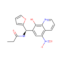 CCC(=O)N[C@@H](c1ccco1)c1cc([N+](=O)[O-])c2cccnc2c1O ZINC000000087313