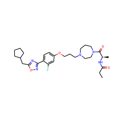 CCC(=O)N[C@H](C)C(=O)N1CCCN(CCCOc2ccc(-c3noc(CC4CCCC4)n3)c(F)c2)CC1 ZINC000013589363