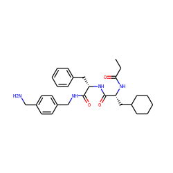 CCC(=O)N[C@H](CC1CCCCC1)C(=O)N[C@@H](Cc1ccccc1)C(=O)NCc1ccc(CN)cc1 ZINC000206305492
