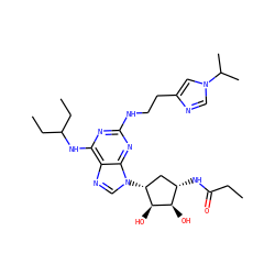 CCC(=O)N[C@H]1C[C@@H](n2cnc3c(NC(CC)CC)nc(NCCc4cn(C(C)C)cn4)nc32)[C@H](O)[C@@H]1O ZINC000049756780