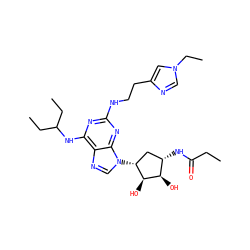 CCC(=O)N[C@H]1C[C@@H](n2cnc3c(NC(CC)CC)nc(NCCc4cn(CC)cn4)nc32)[C@H](O)[C@@H]1O ZINC000049756783