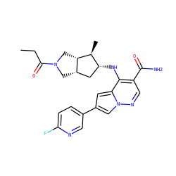 CCC(=O)N1C[C@H]2C[C@@H](Nc3c(C(N)=O)cnn4cc(-c5ccc(F)nc5)cc34)[C@H](C)[C@H]2C1 ZINC000261101992
