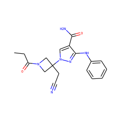 CCC(=O)N1CC(CC#N)(n2cc(C(N)=O)c(Nc3ccccc3)n2)C1 ZINC000222098173