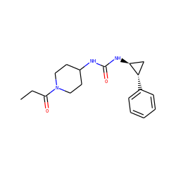 CCC(=O)N1CCC(NC(=O)N[C@H]2C[C@@H]2c2ccccc2)CC1 ZINC000064528382