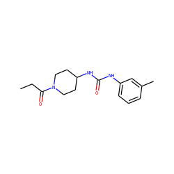 CCC(=O)N1CCC(NC(=O)Nc2cccc(C)c2)CC1 ZINC000064548377