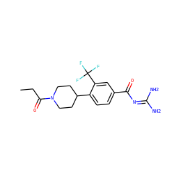 CCC(=O)N1CCC(c2ccc(C(=O)N=C(N)N)cc2C(F)(F)F)CC1 ZINC000095556722
