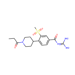 CCC(=O)N1CCC(c2ccc(C(=O)N=C(N)N)cc2S(C)(=O)=O)CC1 ZINC000095557618