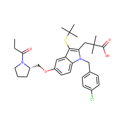 CCC(=O)N1CCC[C@H]1COc1ccc2c(c1)c(SC(C)(C)C)c(CC(C)(C)C(=O)O)n2Cc1ccc(Cl)cc1 ZINC000049771138