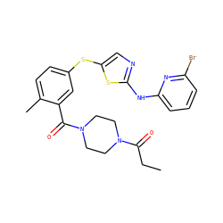 CCC(=O)N1CCN(C(=O)c2cc(Sc3cnc(Nc4cccc(Br)n4)s3)ccc2C)CC1 ZINC000029038354