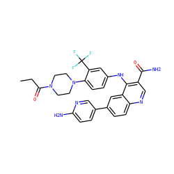 CCC(=O)N1CCN(c2ccc(Nc3c(C(N)=O)cnc4ccc(-c5ccc(N)nc5)cc34)cc2C(F)(F)F)CC1 ZINC000653755964
