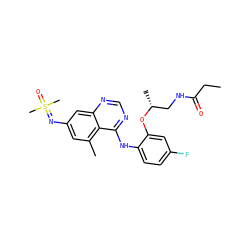 CCC(=O)NC[C@@H](C)Oc1cc(F)ccc1Nc1ncnc2cc(N=S(C)(C)=O)cc(C)c12 ZINC001772651727