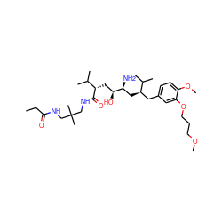CCC(=O)NCC(C)(C)CNC(=O)[C@@H](C[C@H](O)[C@@H](N)C[C@H](Cc1ccc(OC)c(OCCCOC)c1)C(C)C)C(C)C ZINC000072178241