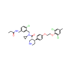 CCC(=O)NCc1ccc(Cl)c(CN(C(=O)[C@H]2CNCC[C@@H]2c2ccc(OCCOc3c(Cl)cc(C)cc3Cl)cc2)C2CC2)c1 ZINC000072147687