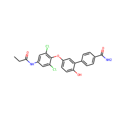 CCC(=O)Nc1cc(Cl)c(Oc2ccc(O)c(-c3ccc(C(N)=O)cc3)c2)c(Cl)c1 ZINC000584905296