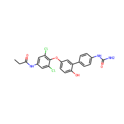 CCC(=O)Nc1cc(Cl)c(Oc2ccc(O)c(-c3ccc(NC(N)=O)cc3)c2)c(Cl)c1 ZINC000584905316