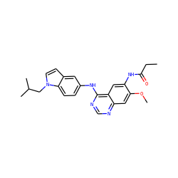 CCC(=O)Nc1cc2c(Nc3ccc4c(ccn4CC(C)C)c3)ncnc2cc1OC ZINC001772610335