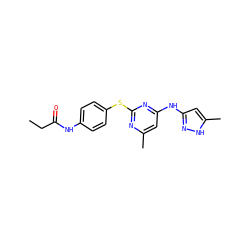 CCC(=O)Nc1ccc(Sc2nc(C)cc(Nc3cc(C)[nH]n3)n2)cc1 ZINC000043075051