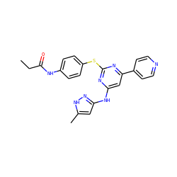 CCC(=O)Nc1ccc(Sc2nc(Nc3cc(C)[nH]n3)cc(-c3ccncc3)n2)cc1 ZINC000043120890